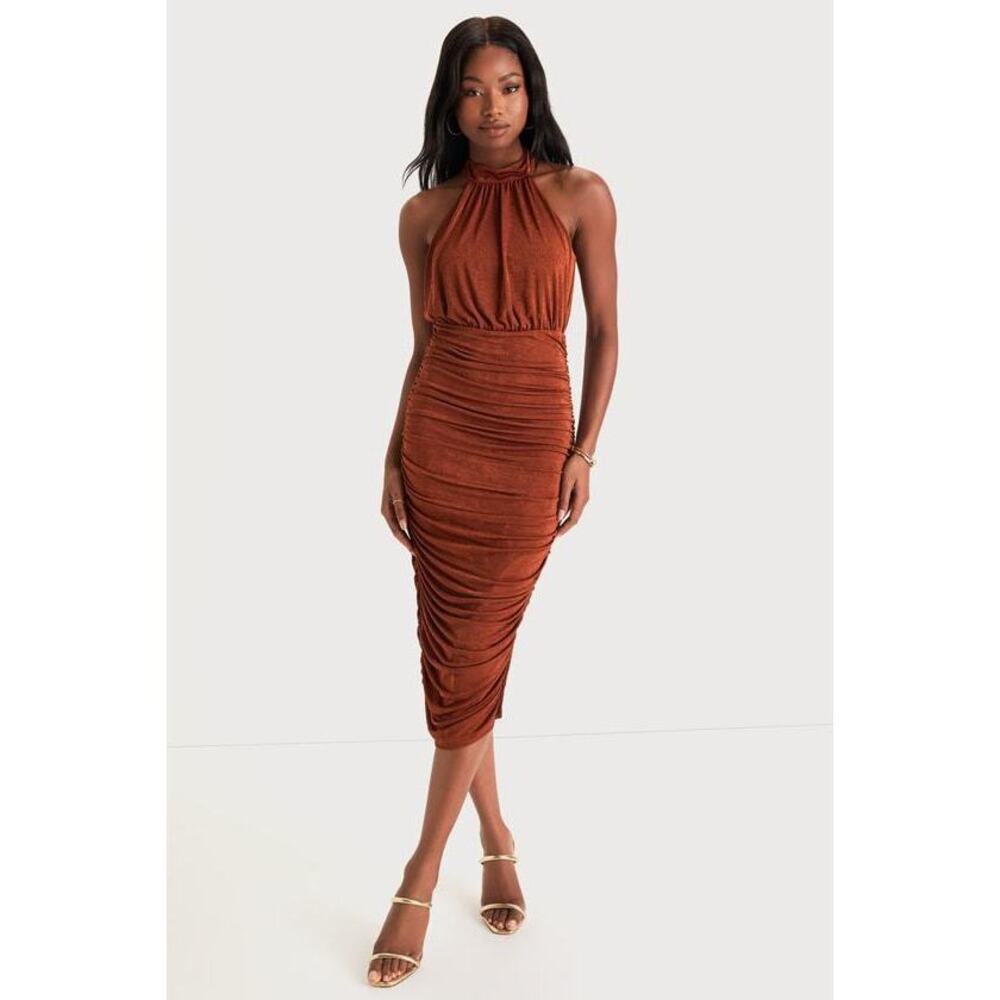 Lulus Irresistible Presence Rust Halter Ruched Bodycon Midi Dress Brown - Size S
